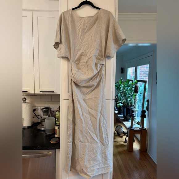 new Staud Amelie draped linen blend midi dress in natural oatmeal heather - Picture 5 of 12